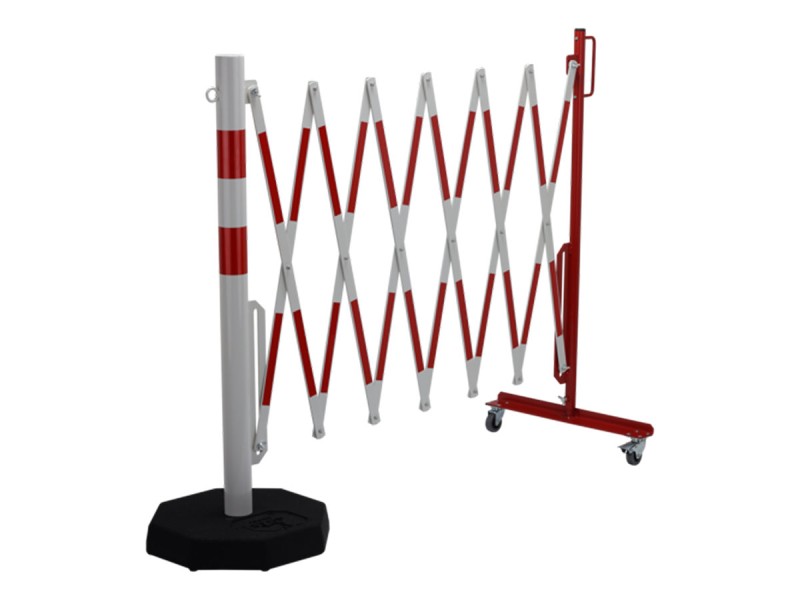 Barrière extensible en acier avec poteau sur socle mobile lesté