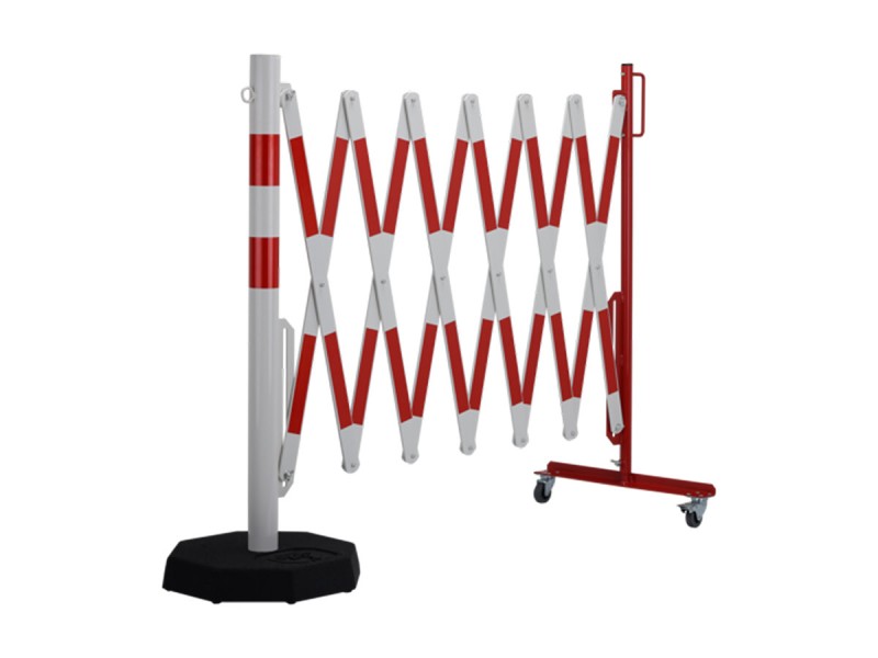 Barrière extensible en acier avec poteau sur socle mobile lesté