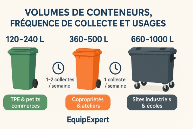 Infographie EquipExpert : volumes de conteneurs, fréquence de collecte et usages types