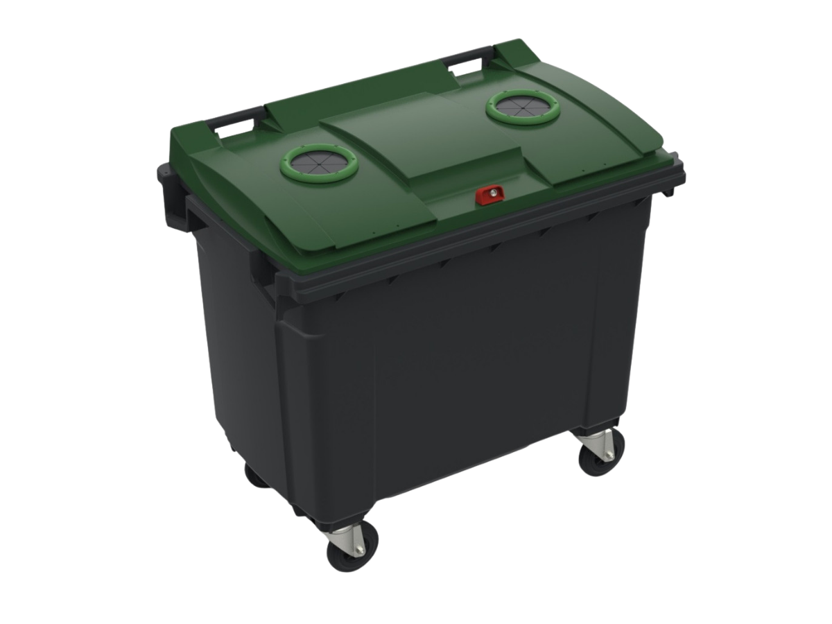 Conteneur poubelle SULO 660L à 4 roues avec opercule de tri verre et serrure conforme EN 840, usage professionnel pour collectivités